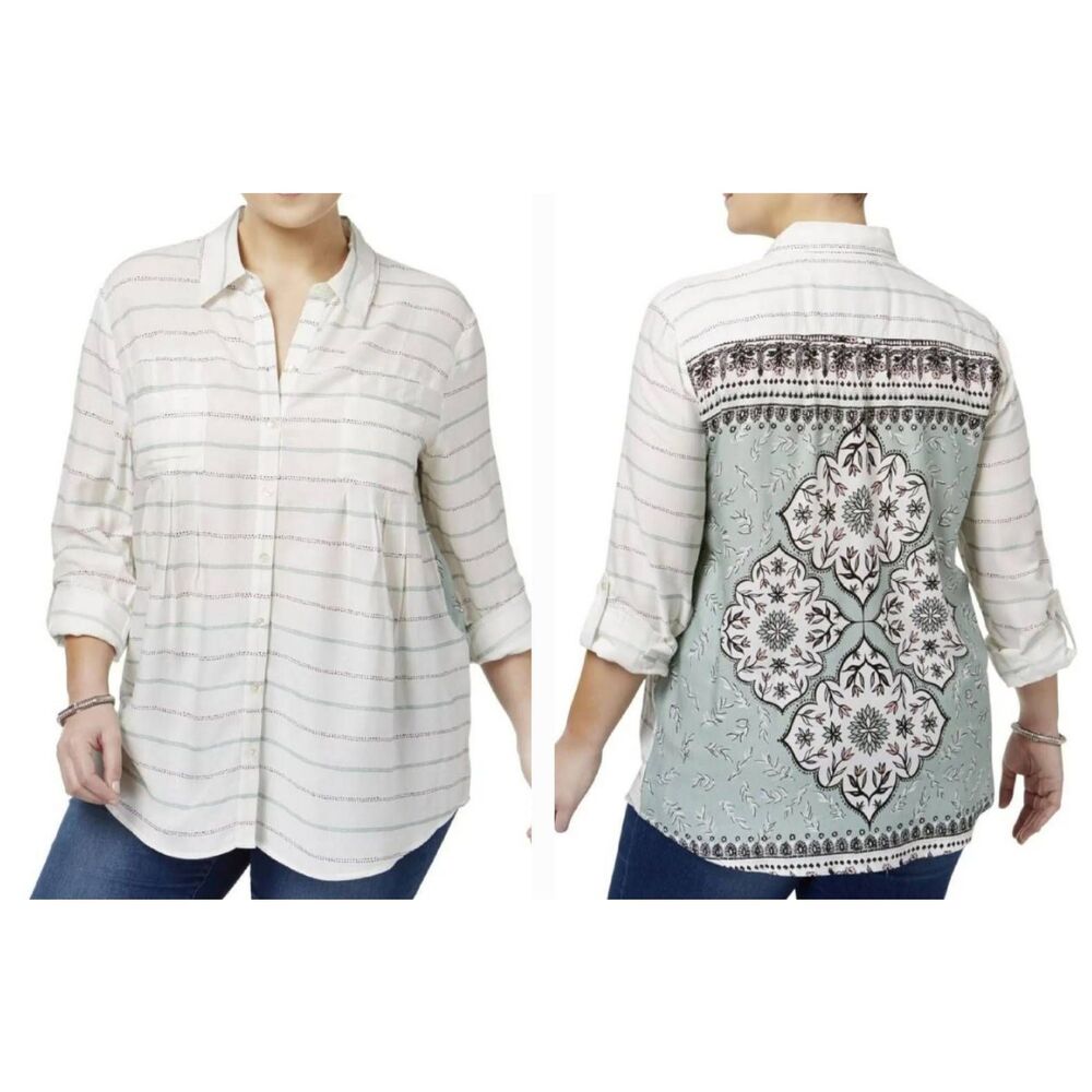 Style & Co Button Down Top Blouse Striped Front Printed Back Sz 0X